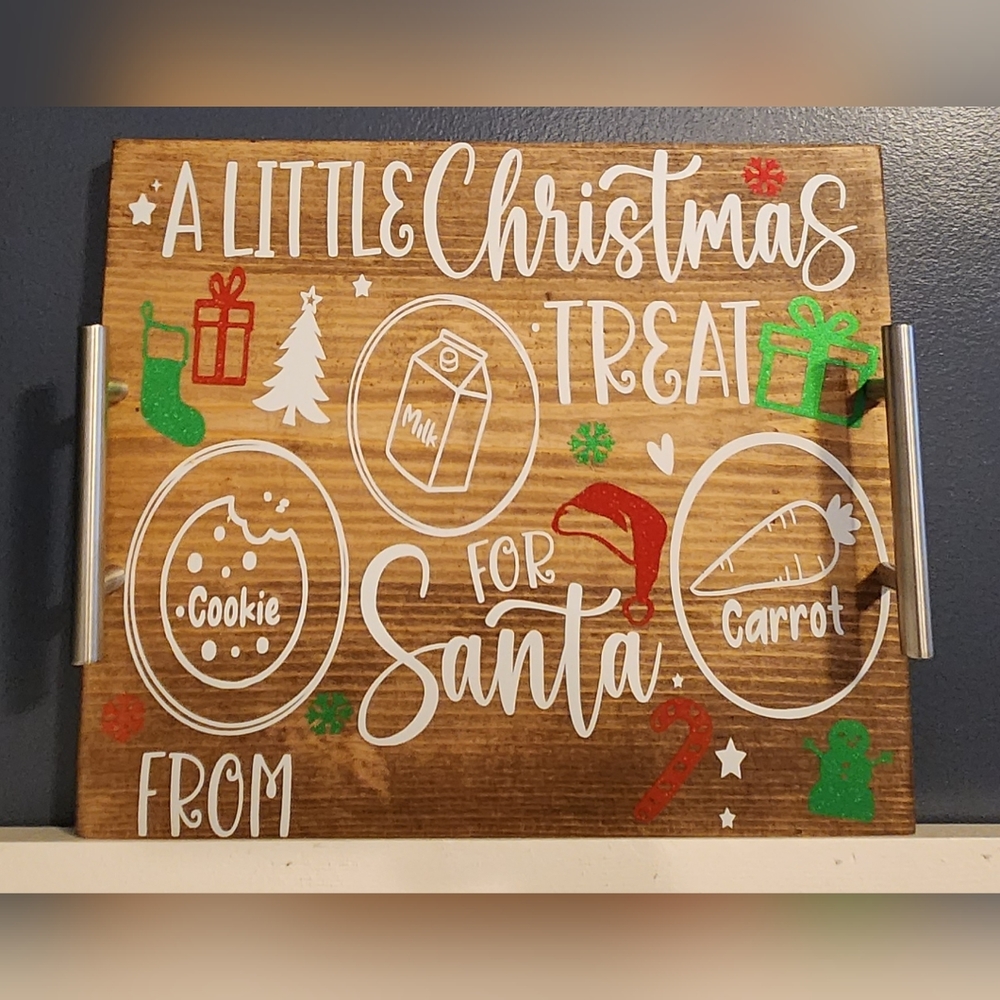 Woodem Custom Christmas Charcuterie Board with handles for Santa & his Reindeer.